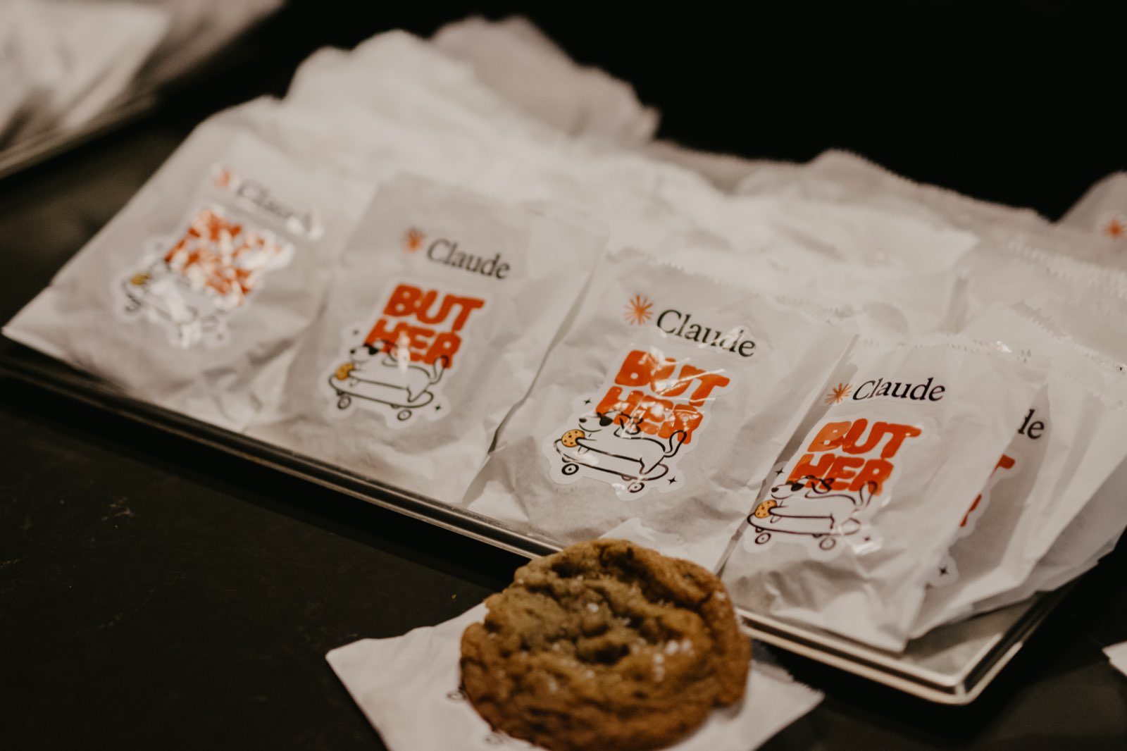Claude Butter cookie bags laid out on a tray